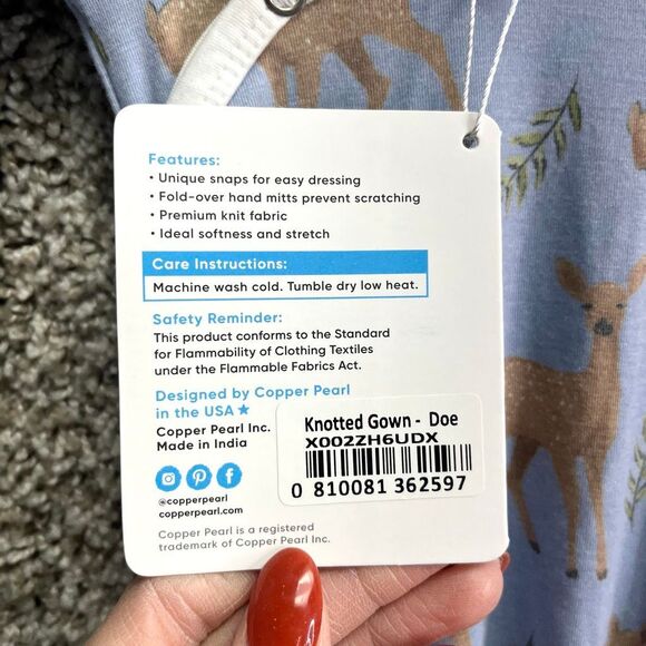 Copper Pearl Gown Baby Newborn Blue Doe Dear Side Button Down Tie Knotted NWT - Picture 3 of 4